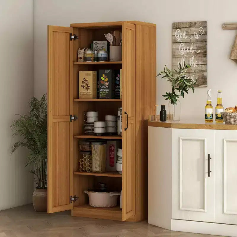 Freistehender Küchenschrank aus Spanplatte, 5 Ablagen, 160×60×40 cm – Braun / Orange / Beige / Weiß