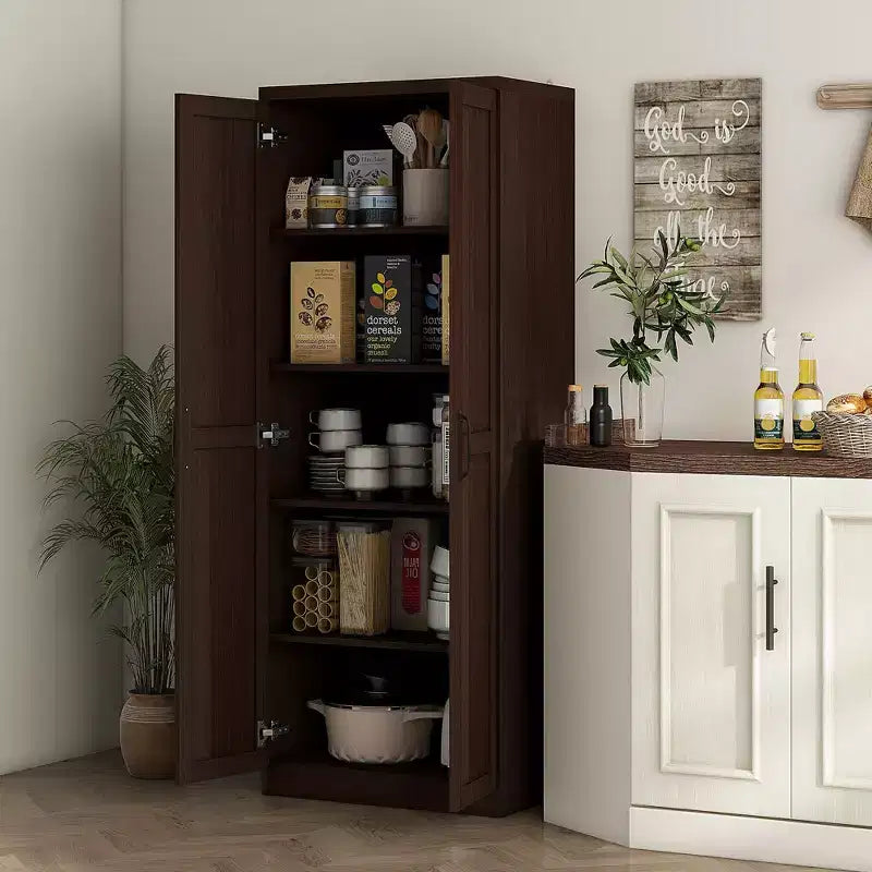 Freistehender Küchenschrank aus Spanplatte, 5 Ablagen, 160×60×40 cm – Braun / Orange / Beige / Weiß