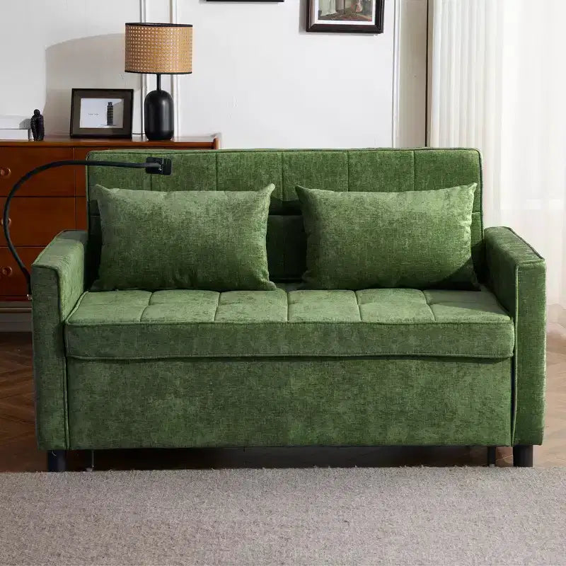 MAYEERTY 56.9 Inch Loveseat Pull Out Sleeper Sofa Bed with Reversible Backrest Cushion Side Pockets Phone Holder for Living Room Green