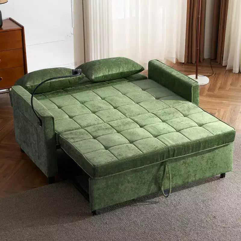 Schlafsofa 2-Sitzer aus grünem Samt mit verstellbarer Rückenlehne, 144×82×86 cm