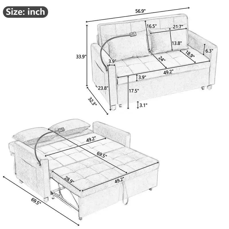 Schlafsofa 2-Sitzer aus grünem Samt mit verstellbarer Rückenlehne, 144×82×86 cm
