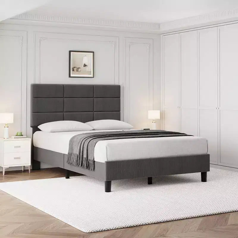 Linen Upholstered Platform Bed Frame with Adjustable Headboard  Grey, No Box Spring Needed