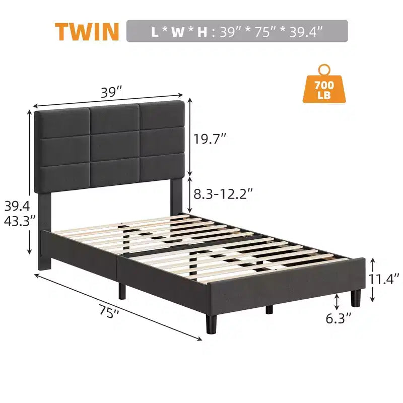 Light Gray Linen Platform Bed with Adjustable Headboard – Twin / Full / King