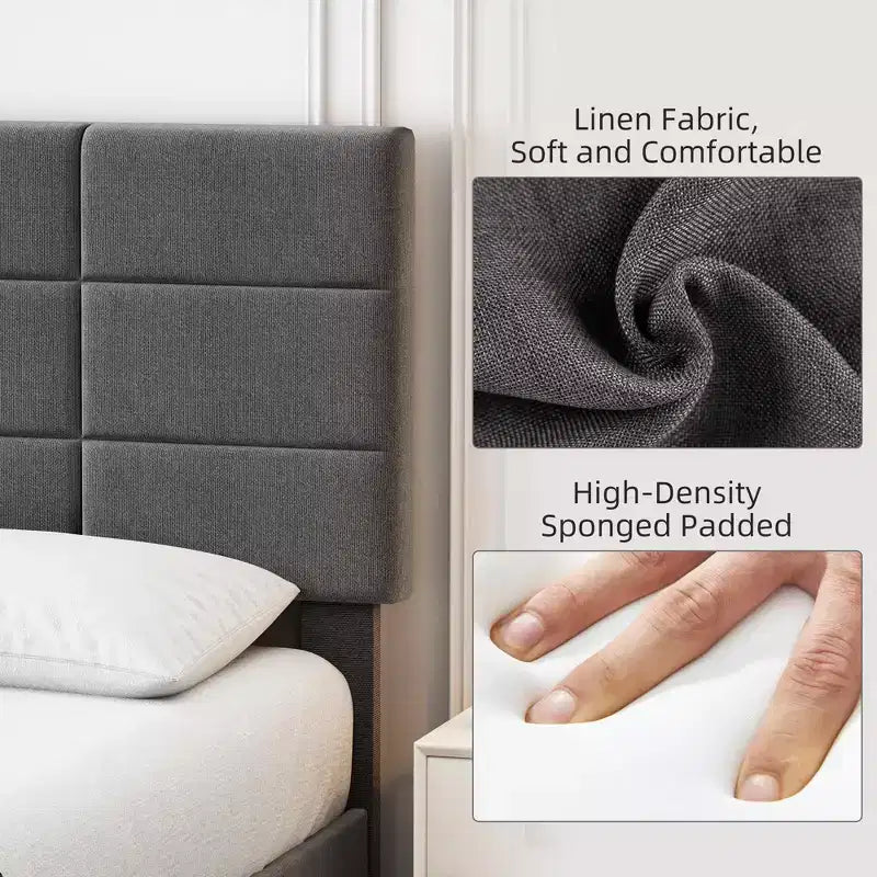 Light Gray Linen Platform Bed with Adjustable Headboard – Twin / Full / King