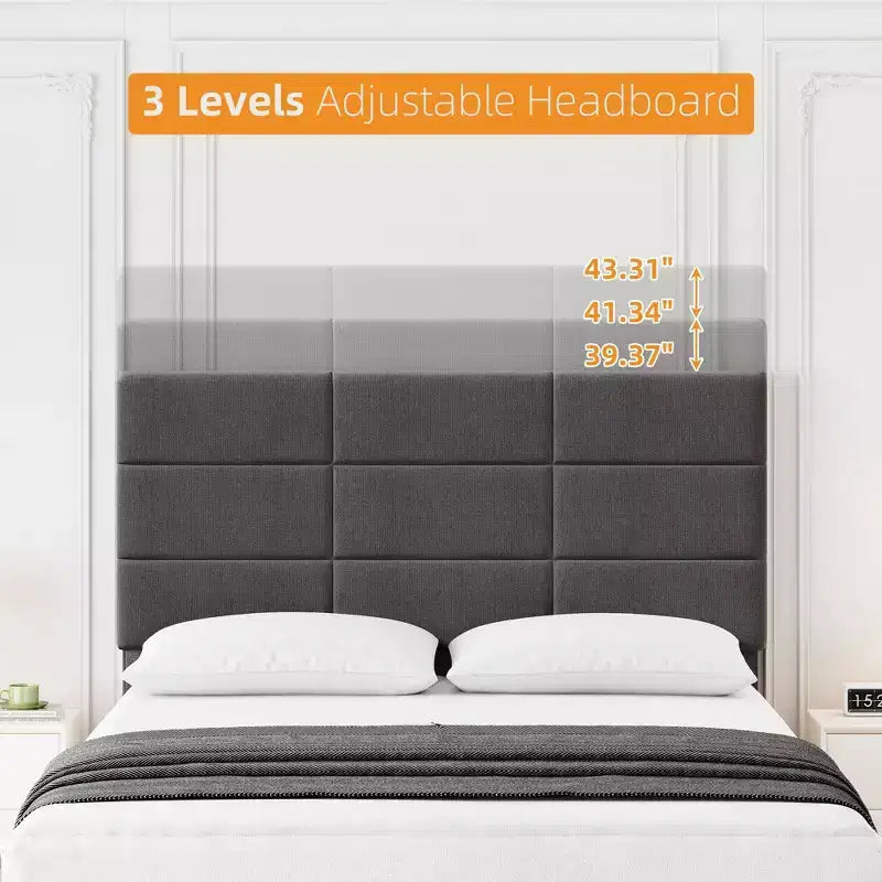 Light Gray Linen Platform Bed with Adjustable Headboard – Twin / Full / King
