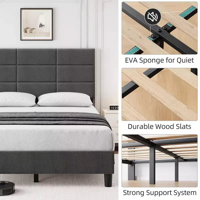 Light Gray Linen Platform Bed with Adjustable Headboard – Twin / Full / King