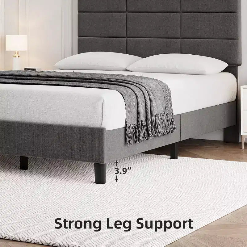 Light Gray Linen Platform Bed with Adjustable Headboard – Twin / Full / King