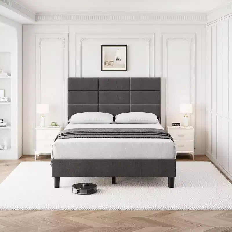 Light Gray Linen Platform Bed with Adjustable Headboard – Twin / Full / King