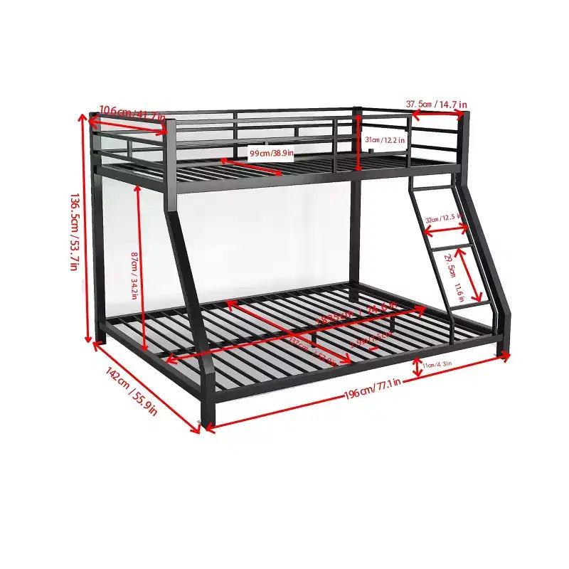 Schwarzes Metall-Etagenbett mit Leiter und Sicherheitsgeländer, 136×196×136 cm
