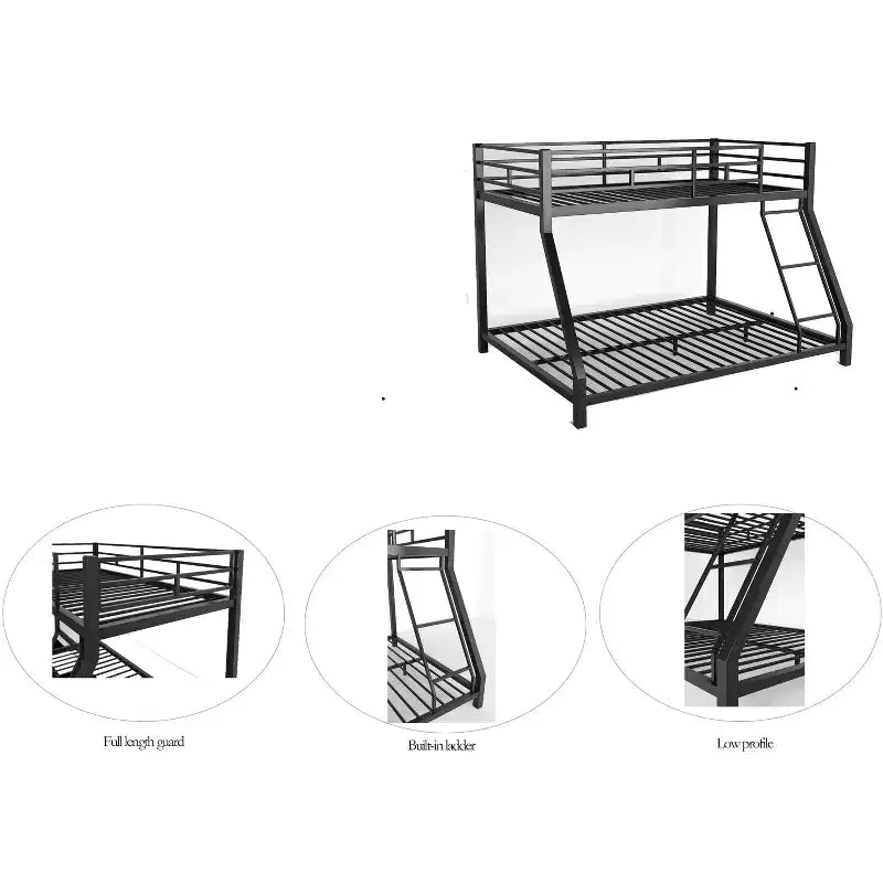 Schwarzes Metall-Etagenbett mit Leiter und Sicherheitsgeländer, 136×196×136 cm