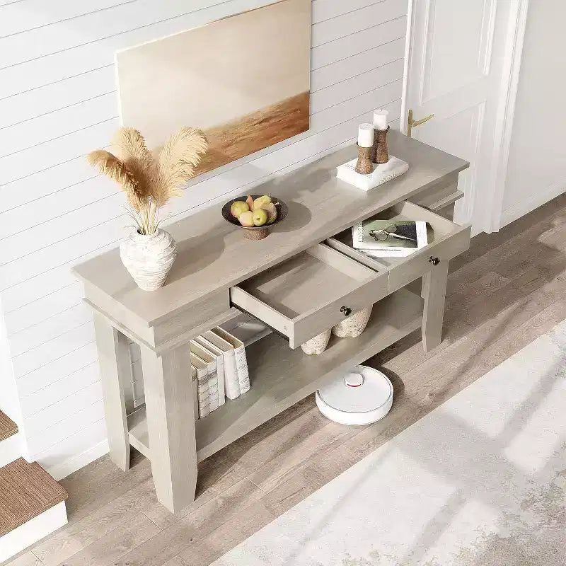 Konsolentisch im Landhausstil mit 2 Schubladen und Ablage, 137 cm – Braun / Grau