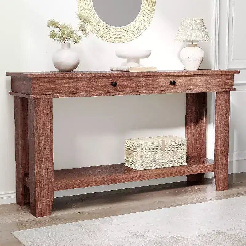Konsolentisch im Landhausstil mit 2 Schubladen und Ablage, 137 cm – Braun / Grau