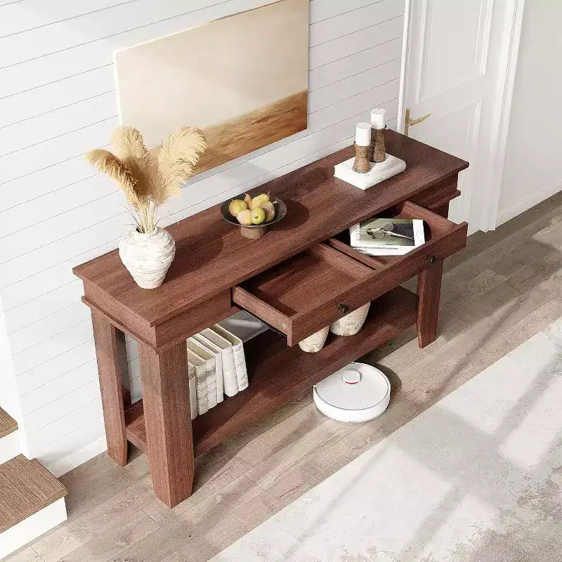 Konsolentisch im Landhausstil mit 2 Schubladen und Ablage, 137 cm – Braun / Grau