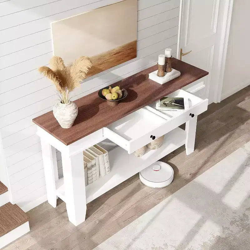Konsolentisch im Landhausstil mit 2 Schubladen und Ablage, 137 cm – Braun / Grau