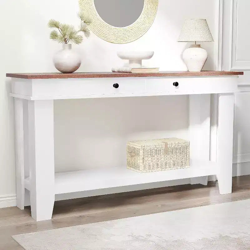 Konsolentisch im Landhausstil mit 2 Schubladen und Ablage, 137 cm – Braun / Grau