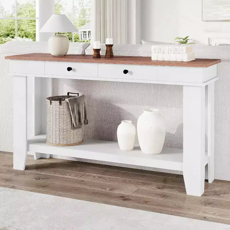 Konsolentisch im Landhausstil mit 2 Schubladen und Ablage, 137 cm – Braun / Grau
