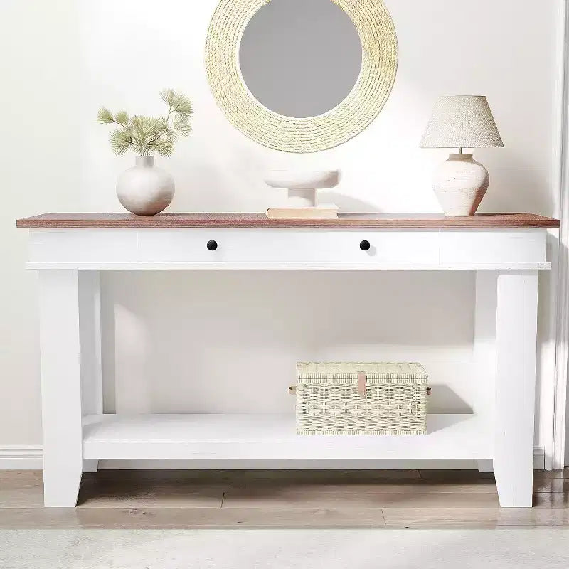 Konsolentisch im Landhausstil mit 2 Schubladen und Ablage, 137 cm – Braun / Grau
