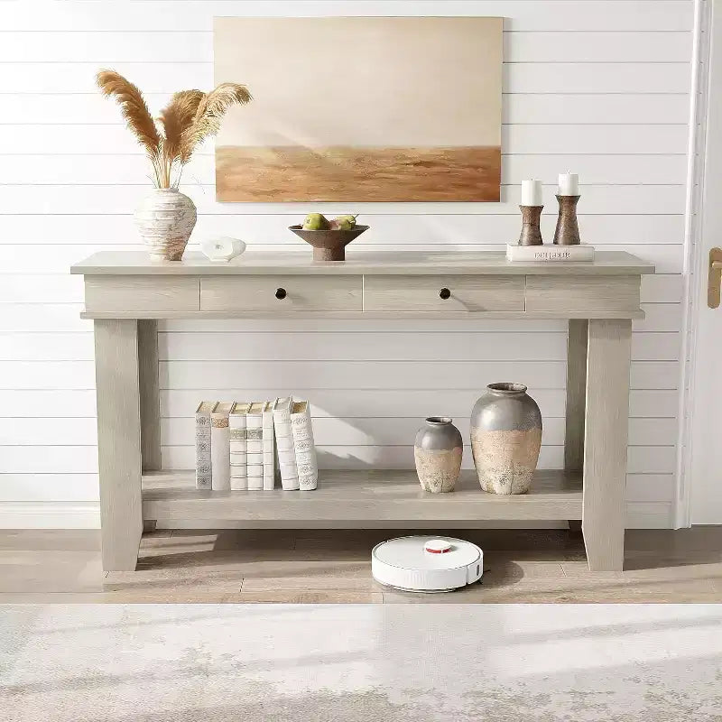 Konsolentisch im Landhausstil mit 2 Schubladen und Ablage, 137 cm – Braun / Grau