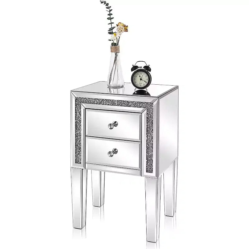VINGLI Mirror Nightstand with Drawer, Silver Mirrored Glass End Table, Crushed Diamond Glitter