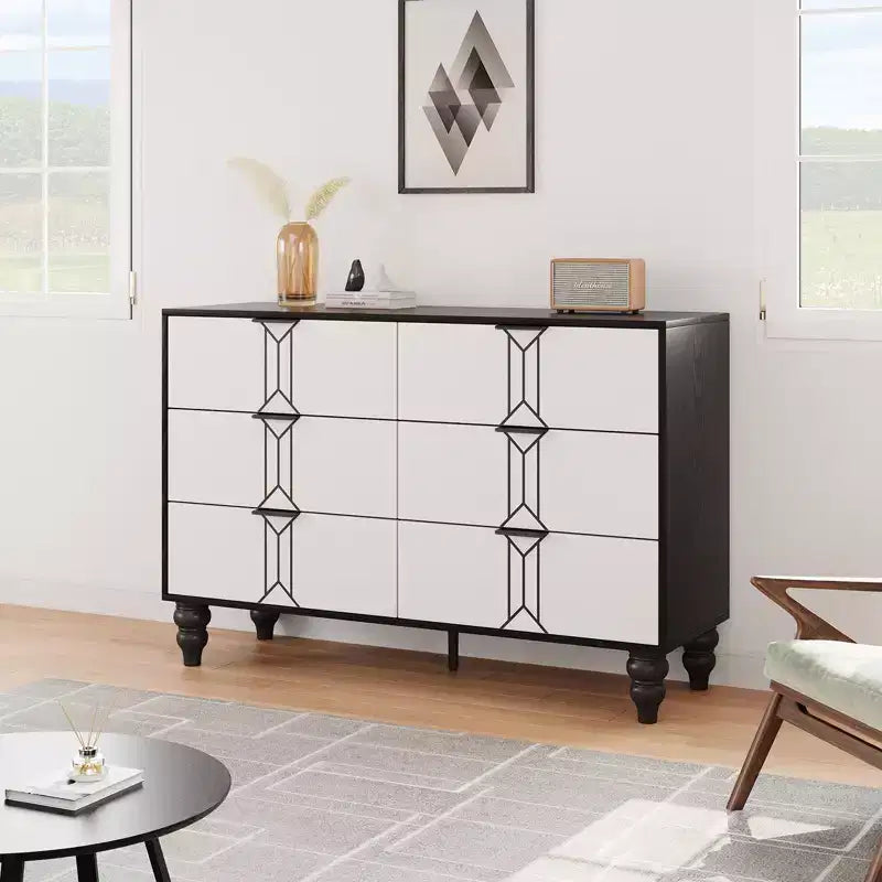 Vintage Kommode mit 6 Schubladen aus MDF – Weiß/Schwarz oder Holz/Gold