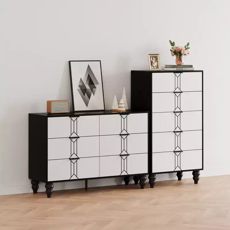 Vintage Kommode mit 6 Schubladen aus MDF – Weiß/Schwarz oder Holz/Gold