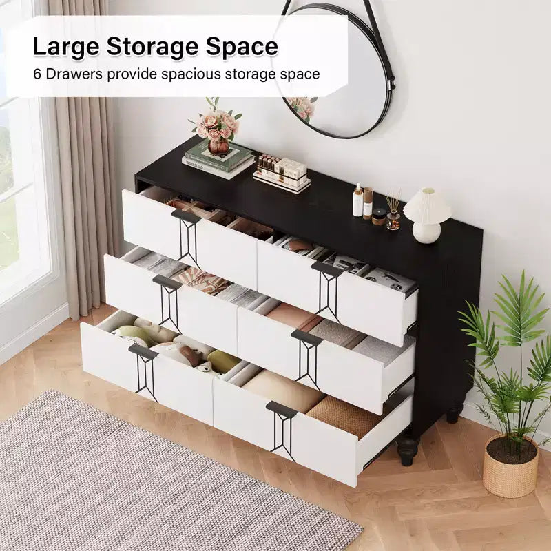 Vintage Kommode mit 6 Schubladen aus MDF – Weiß/Schwarz oder Holz/Gold