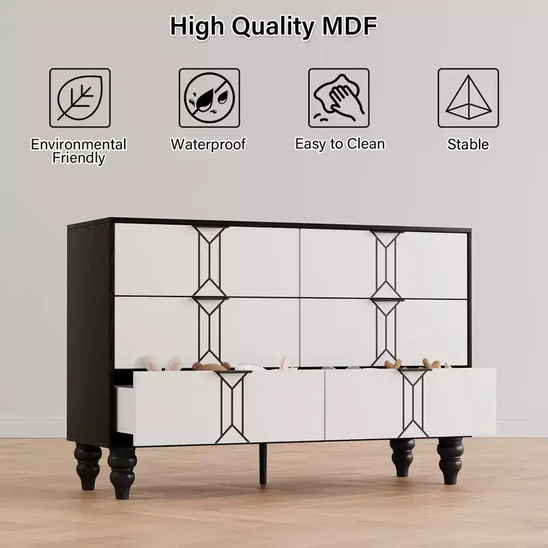 Vintage Kommode mit 6 Schubladen aus MDF – Weiß/Schwarz oder Holz/Gold