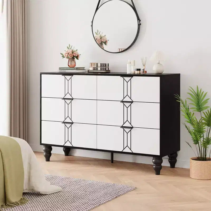 Modern Wooden 6 Drawer Dresser , Vintage Pattern Design for Bedroom, Living Room,