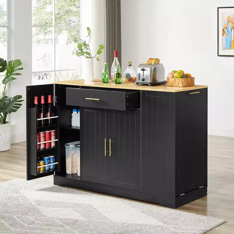 Okak Modrn Kitchen Island with Doors & Center Drawer & Trash Can Storage,Storage Cabinet Dining Sideboard for Kitchen,Dining Room