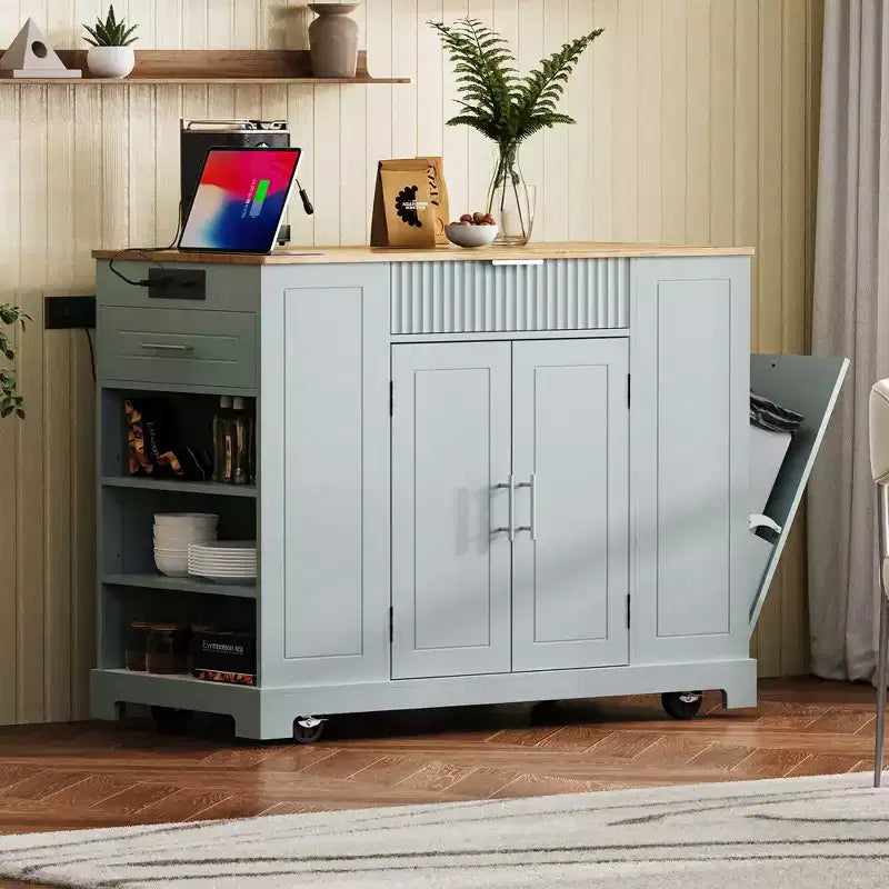 Kücheninsel mit Rollen und Steckdose, MDF, 92×52×122 cm – Grau/Blau oder Weiß