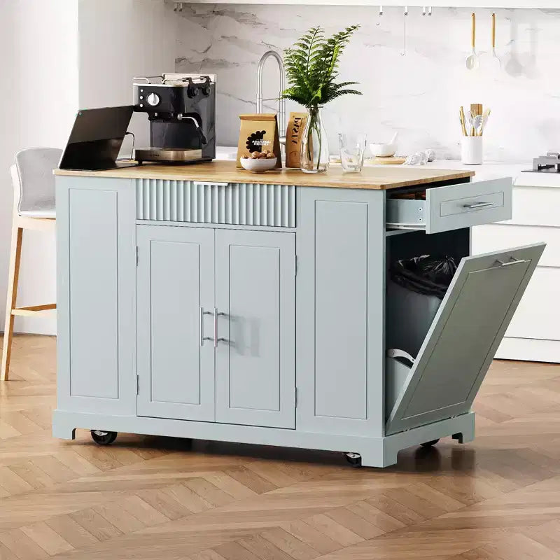 Kücheninsel mit Rollen und Steckdose, MDF, 92×52×122 cm – Grau/Blau oder Weiß