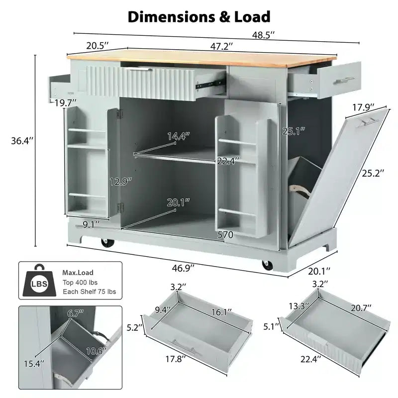 Kücheninsel mit Rollen und Steckdose, MDF, 92×52×122 cm – Grau/Blau oder Weiß