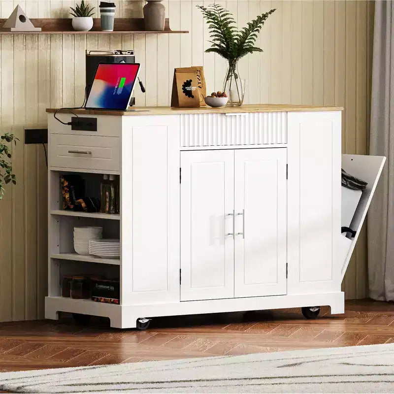 Kücheninsel mit Rollen und Steckdose, MDF, 92×52×122 cm – Grau/Blau oder Weiß