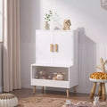 Whisen Kids Toy Storage Cabinet with Doors and Open Shelf, Modern Organizer with Natural Wood Legs - White