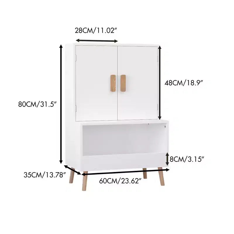 Aufbewahrungsschrank für Kinder mit 2 Türen in Weiß mit Holzbeinen, 95×60×35 cm