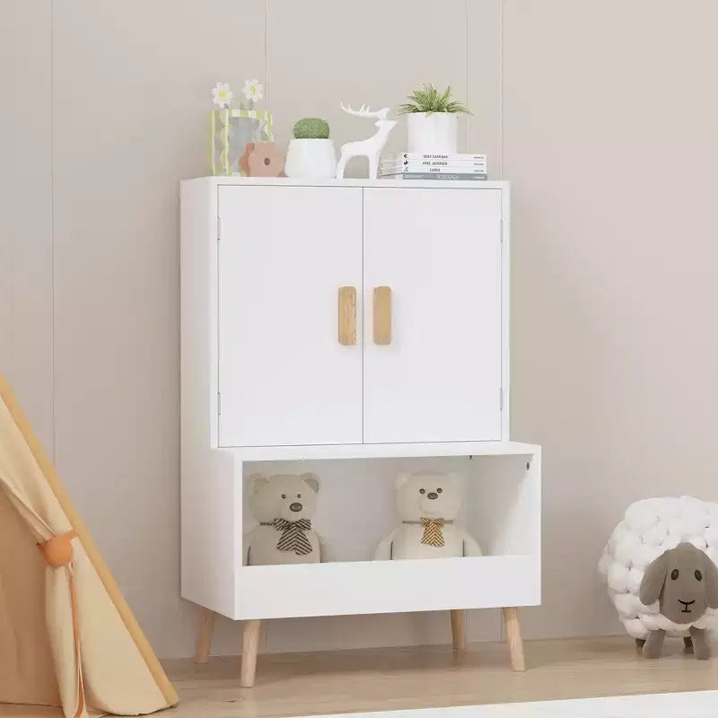 Aufbewahrungsschrank für Kinder mit 2 Türen in Weiß mit Holzbeinen, 95×60×35 cm