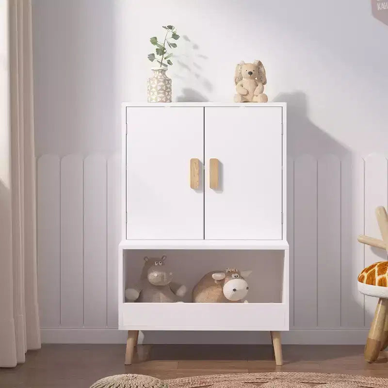 Aufbewahrungsschrank für Kinder mit 2 Türen in Weiß mit Holzbeinen, 95×60×35 cm