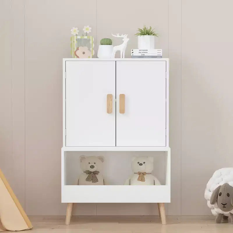 Aufbewahrungsschrank für Kinder mit 2 Türen in Weiß mit Holzbeinen, 95×60×35 cm