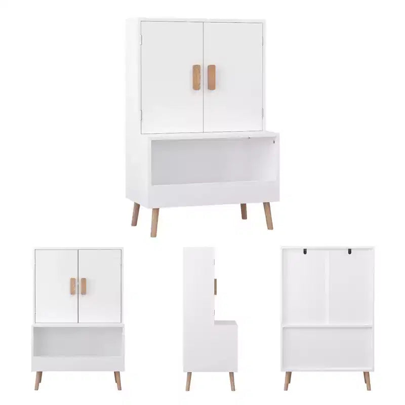 Aufbewahrungsschrank für Kinder mit 2 Türen in Weiß mit Holzbeinen, 95×60×35 cm