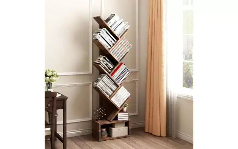 GustoWave Tier Wooden Tall Bookshelf with Storage, Corner Bookshelf, Tree Bookshelf, for Living Room, Bedroom, Home Office