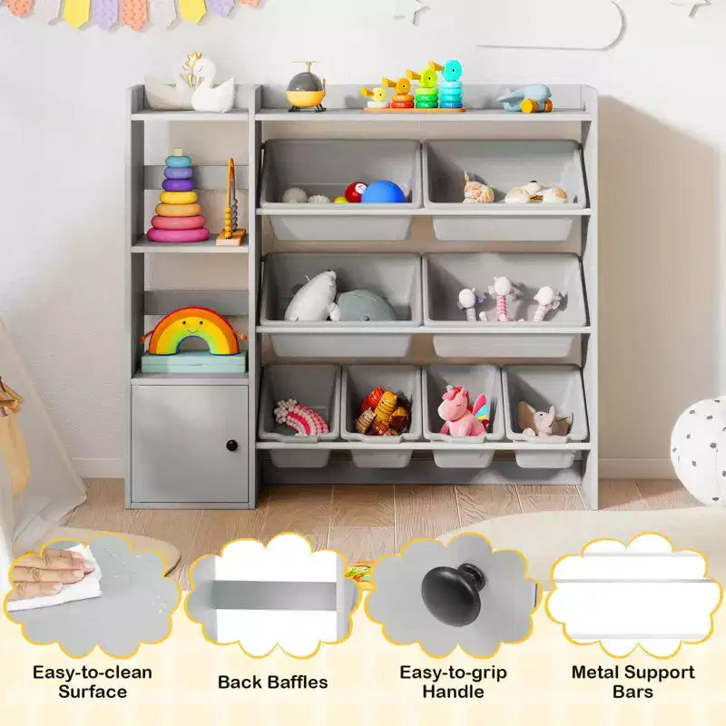 Kinderbücherregal mit Schrank und 8 Boxen, 112×30×100 cm – Grau/Weiß