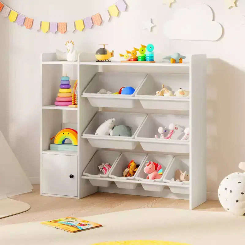 Kinderbücherregal mit Schrank und 8 Boxen, 112×30×100 cm – Grau/Weiß