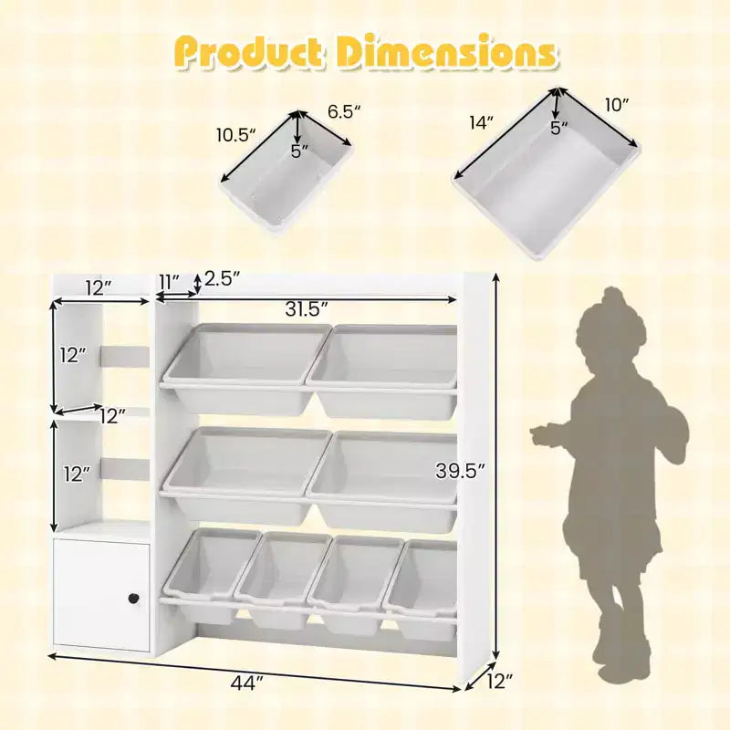 Kinderbücherregal mit Schrank und 8 Boxen, 112×30×100 cm – Grau/Weiß