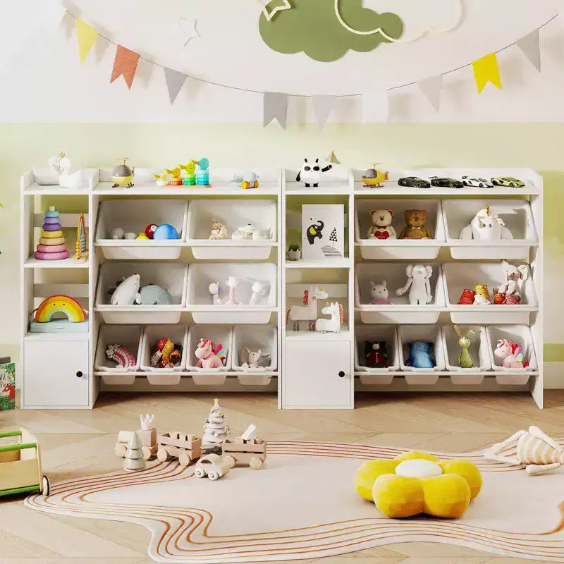 Kinderbücherregal mit Schrank und 8 Boxen, 112×30×100 cm – Grau/Weiß