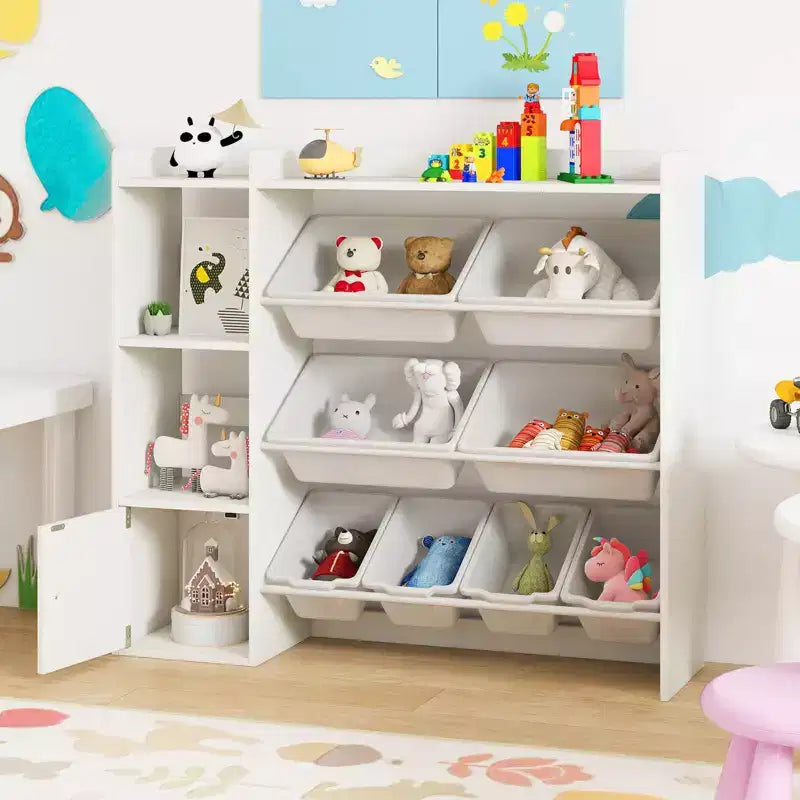 Kinderbücherregal mit Schrank und 8 Boxen, 112×30×100 cm – Grau/Weiß