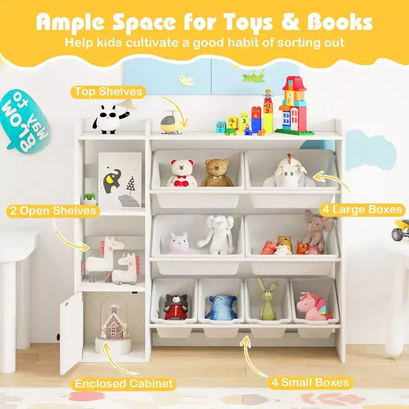 Kinderbücherregal mit Schrank und 8 Boxen, 112×30×100 cm – Grau/Weiß