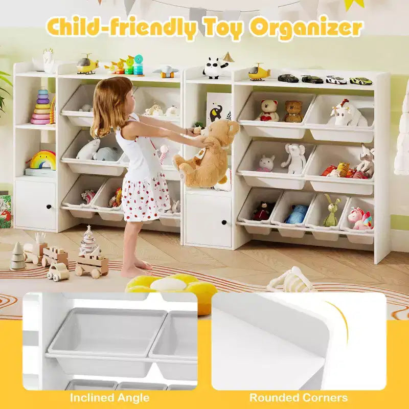 Kinderbücherregal mit Schrank und 8 Boxen, 112×30×100 cm – Grau/Weiß