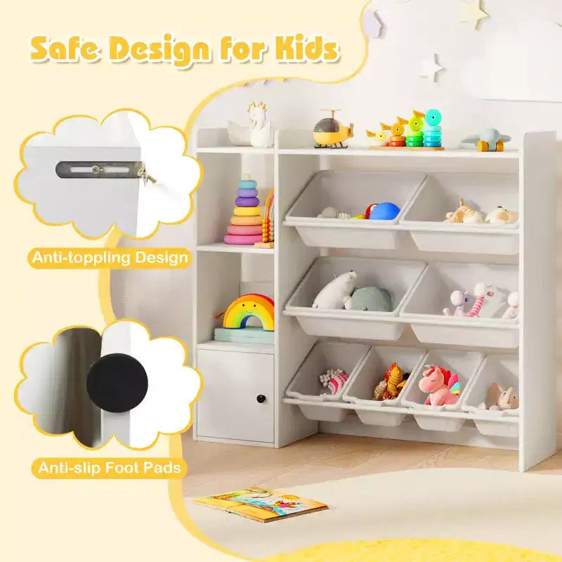 Kinderbücherregal mit Schrank und 8 Boxen, 112×30×100 cm – Grau/Weiß