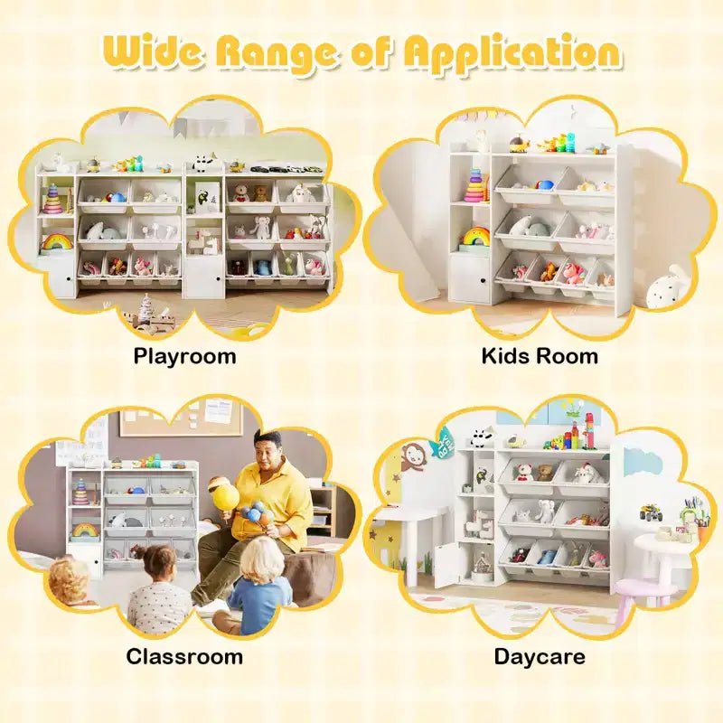 Kinderbücherregal mit Schrank und 8 Boxen, 112×30×100 cm – Grau/Weiß