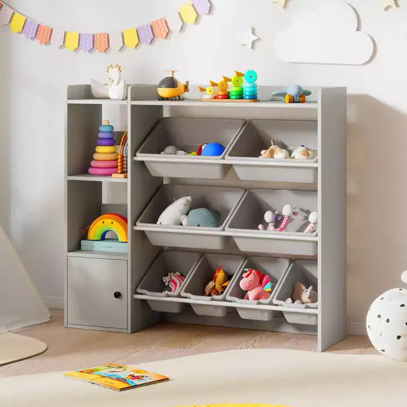 Kinderbücherregal mit Schrank und 8 Boxen, 112×30×100 cm – Grau/Weiß